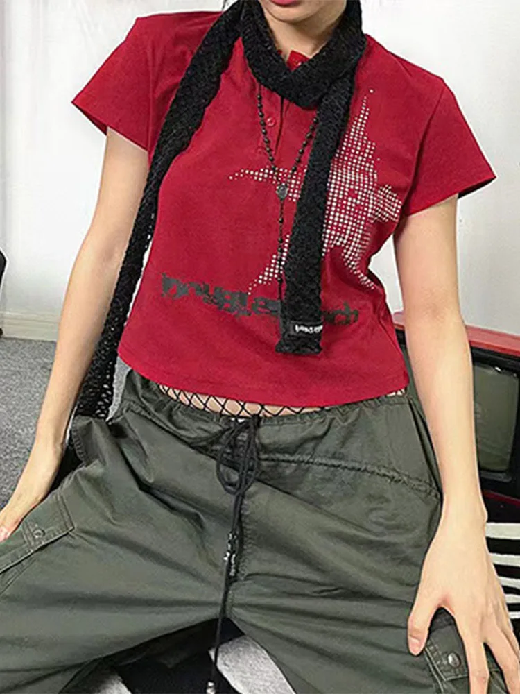 Harajuku Crop Top Japanese Style Star Pattern Round Neck Short Sleeve T Shirts Graphic Tee y2k Women Clothes Streetwear - Image 2