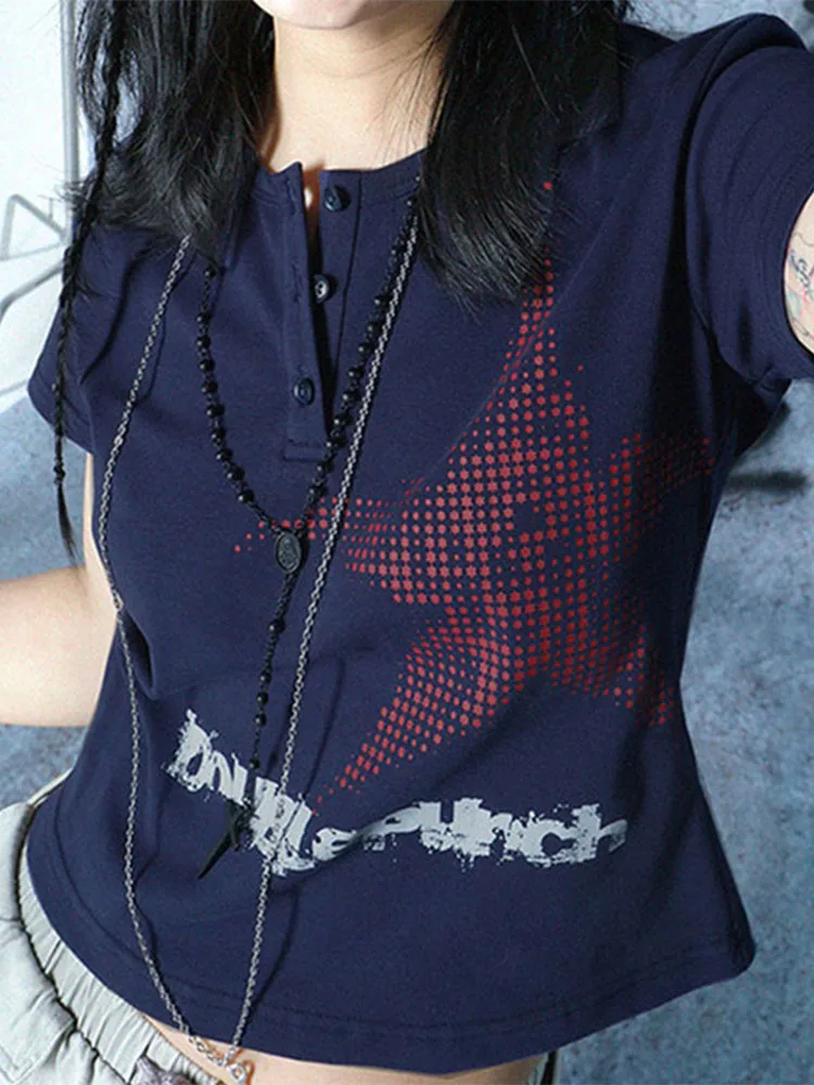 Harajuku Crop Top Japanese Style Star Pattern Round Neck Short Sleeve T Shirts Graphic Tee y2k Women Clothes Streetwear - Image 6