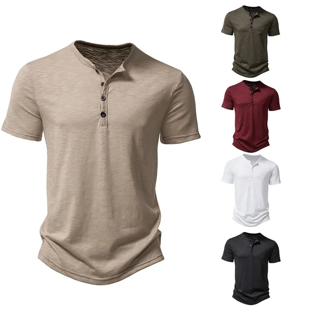 Henley Collar Summer Men Casual Solid Color Short Sleeve T Shirt for Men Polo men High Quality Mens T Shirts - Image 2