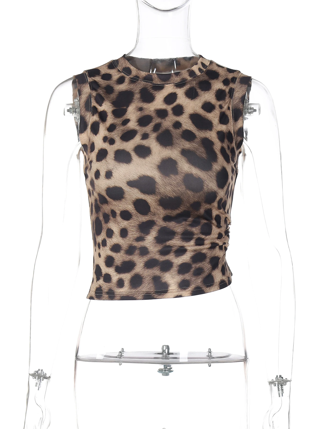 Hugcitar Women Fashion Leopard Print O Neck Ruched Draped Sexy Slim Crop Tank Top Spring Summer New Clothes Party Vacation - Image 6