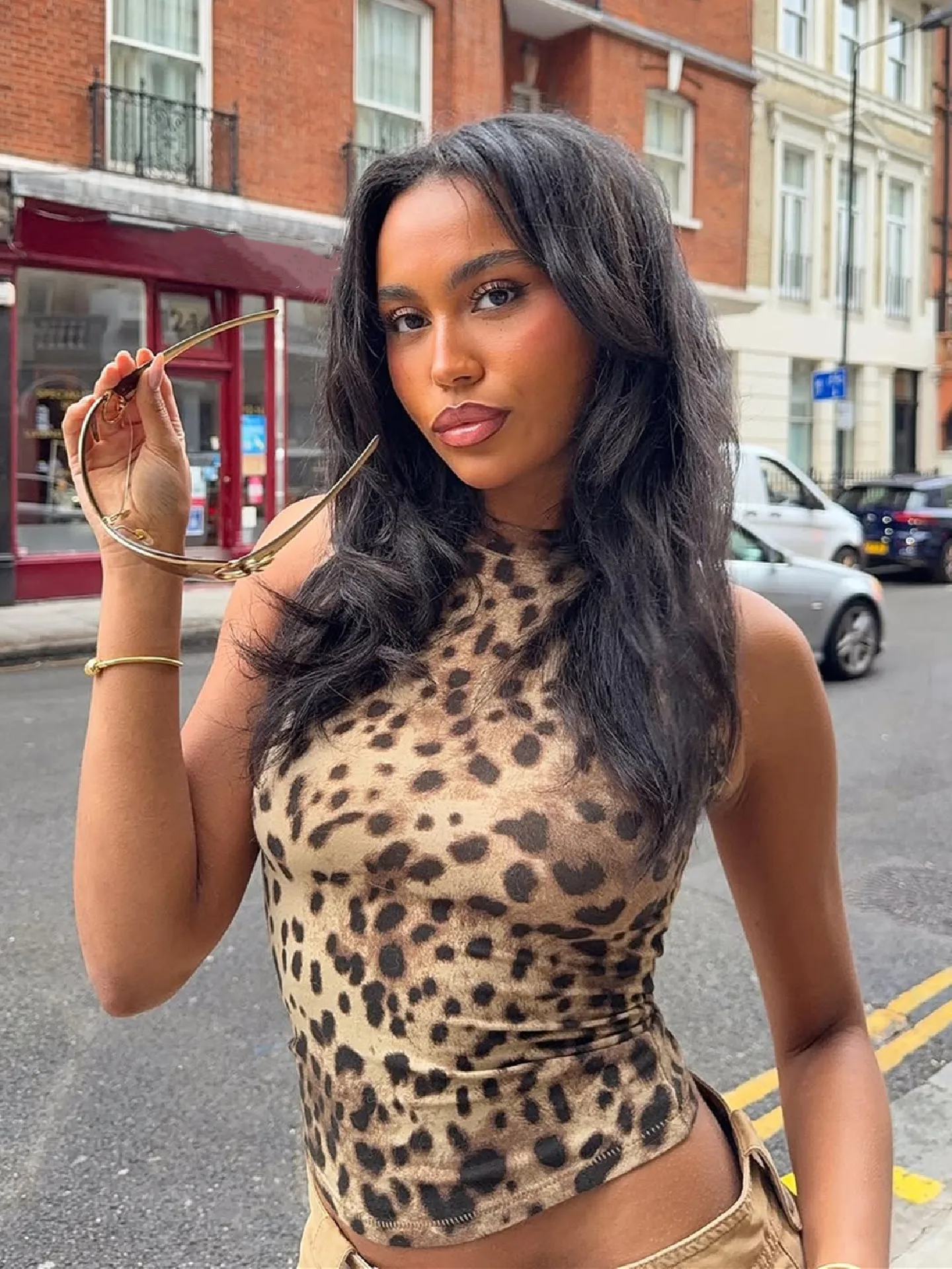 Hugcitar Women Fashion Leopard Print O Neck Ruched Draped Sexy Slim Crop Tank Top Spring Summer New Clothes Party Vacation - Image 3