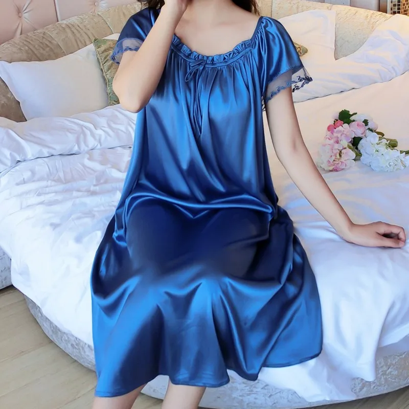Ice Silk Lace Long Sleepwear V-neck Sleepwear Set Nightdress Homewear Nightwear Pyjamas Female Nightgown Loose Plus Size - Image 2