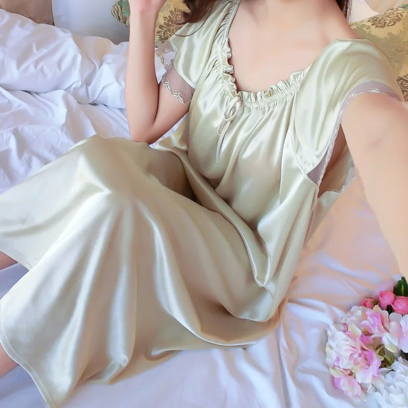 Ice Silk Lace Long Sleepwear V-neck Sleepwear Set Nightdress Homewear Nightwear Pyjamas Female Nightgown Loose Plus Size - Image 5