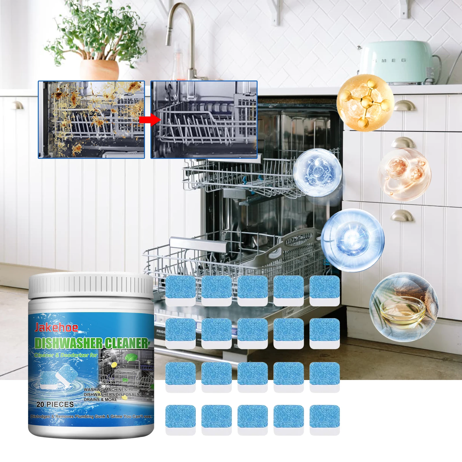 Jakehoe 20pcs Dishwasher Cleaning Effervescent Tablets to Remove Oil and Scale Household Kitchen Dishwasher Cleaning Odor - Image 4