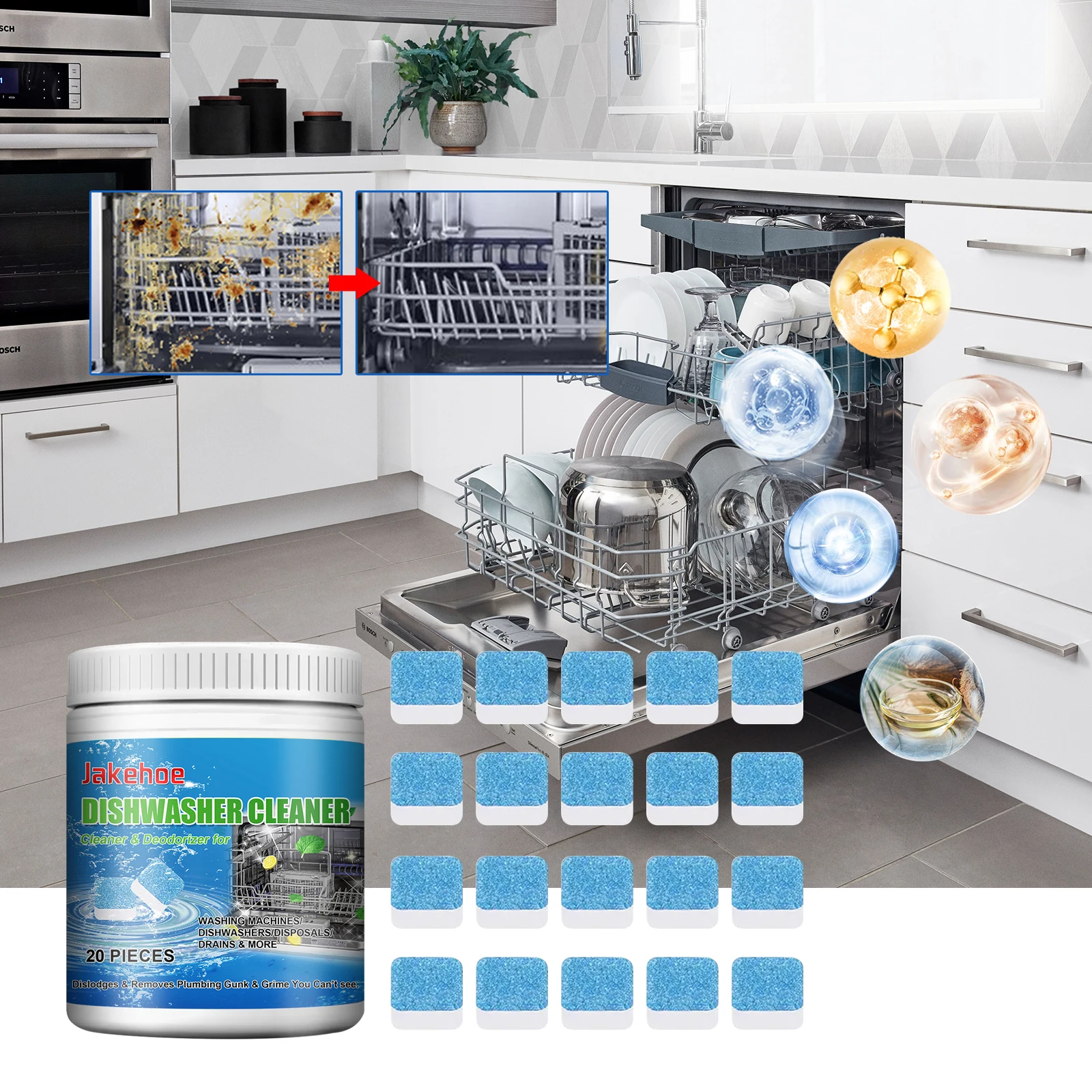 Jakehoe 20pcs Dishwasher Cleaning Effervescent Tablets to Remove Oil and Scale Household Kitchen Dishwasher Cleaning Odor - Image 5