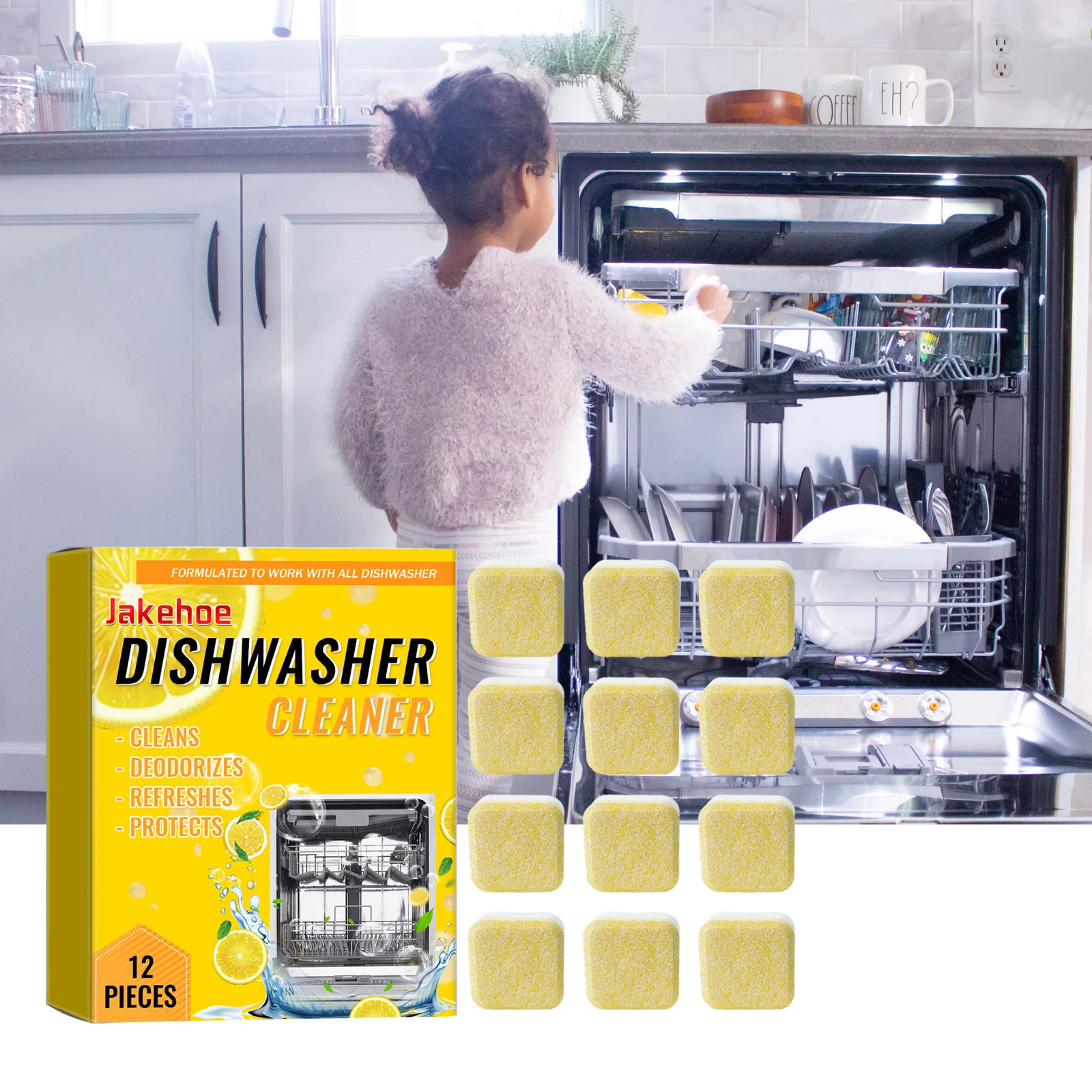Jakehoe Dishwasher Cleaner, Sewer Deodorizing Tablets, Limescale Remover, Multi-Function 12pcsal Powerful Effervescent Tablets - Image 2