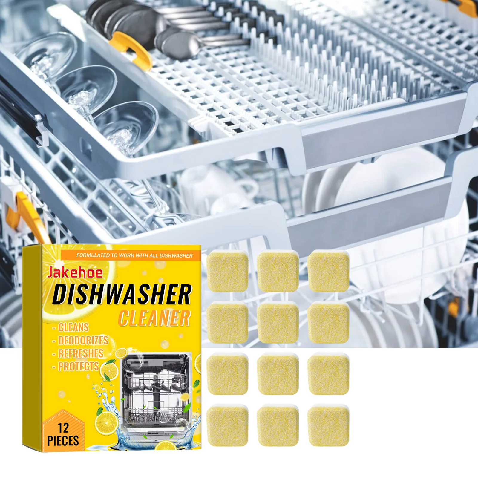 Jakehoe Dishwasher Cleaner, Sewer Deodorizing Tablets, Limescale Remover, Multi-Function 12pcsal Powerful Effervescent Tablets - Image 3