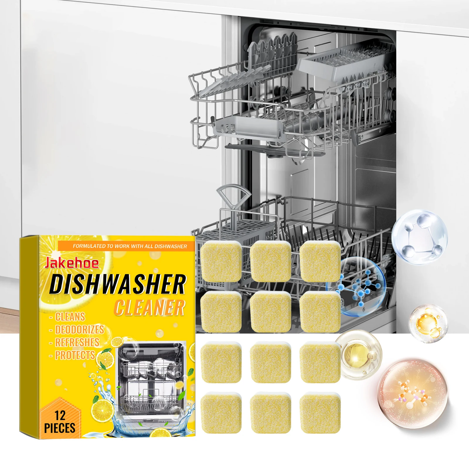 Jakehoe Dishwasher Cleaner, Sewer Deodorizing Tablets, Limescale Remover, Multi-Function 12pcsal Powerful Effervescent Tablets