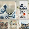 Japanese Ukiyo-e The Great Wave Print Shower Curtain Waterproof Mildew Resistant Polyester Fabric with Hooks Easy Install for Ba