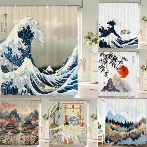 Japanese Ukiyo-e The Great Wave Print Shower Curtain Waterproof Mildew Resistant Polyester Fabric with Hooks Easy Install for Ba