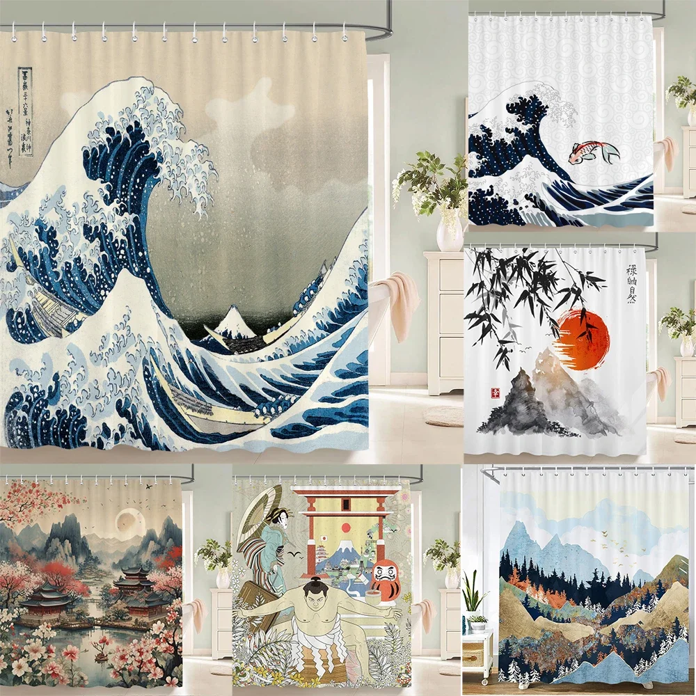 Japanese Ukiyo-e The Great Wave Print Shower Curtain Waterproof Mildew Resistant Polyester Fabric with Hooks Easy Install for Ba