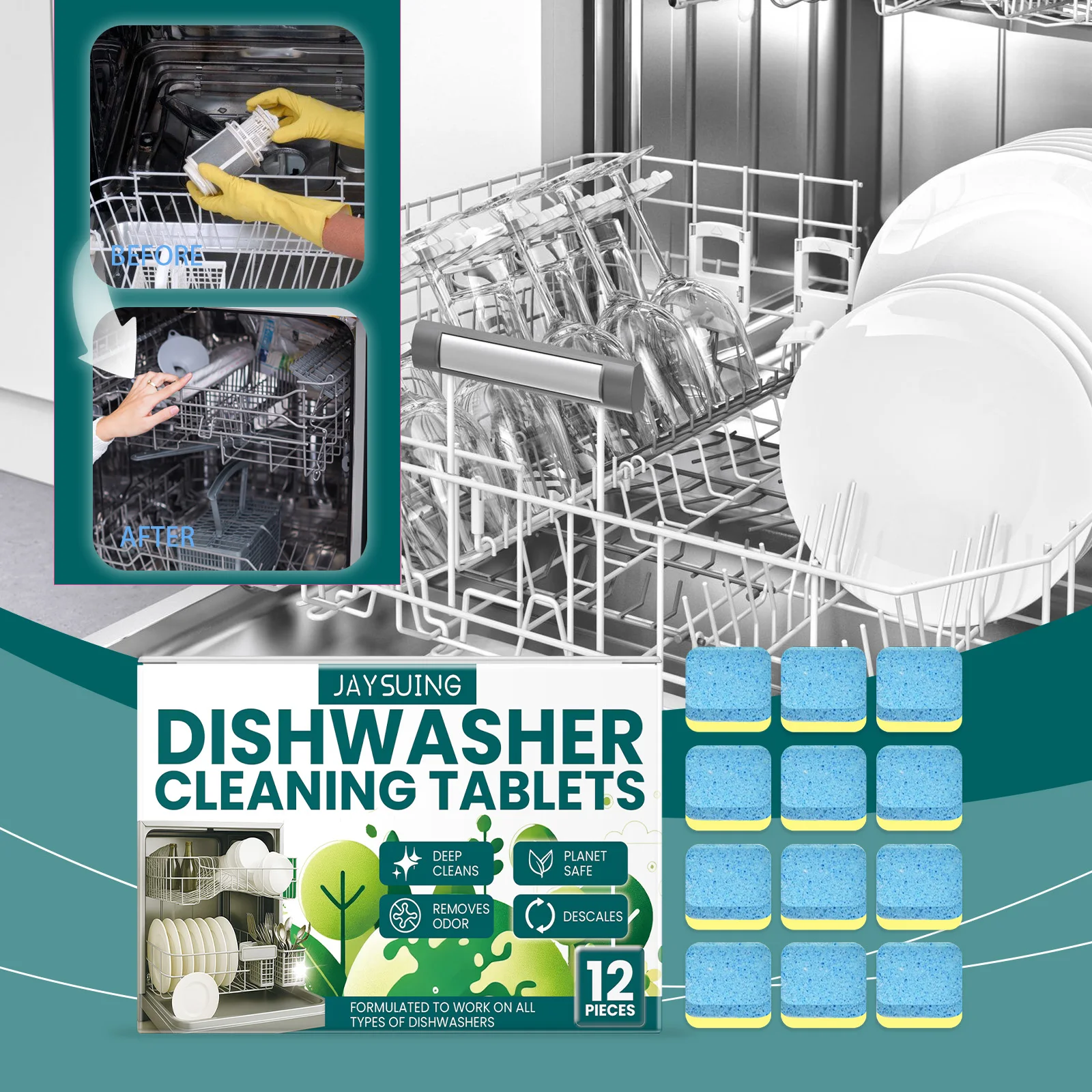 Jaysuing Dishwasher Cleaning Tablets, Gentle Stain Removal Scale Household Kitchen Dishwasher Cleaning Tablets - Image 4