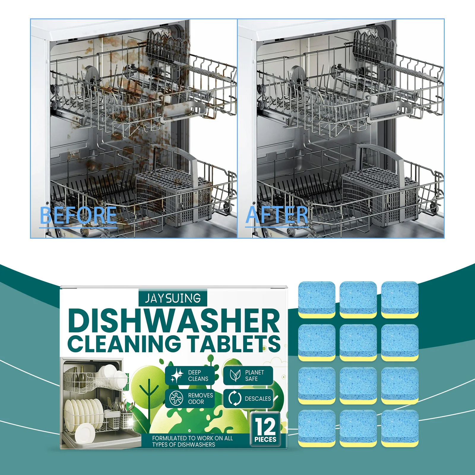 Jaysuing Dishwasher Cleaning Tablets, Gentle Stain Removal Scale Household Kitchen Dishwasher Cleaning Tablets - Image 3