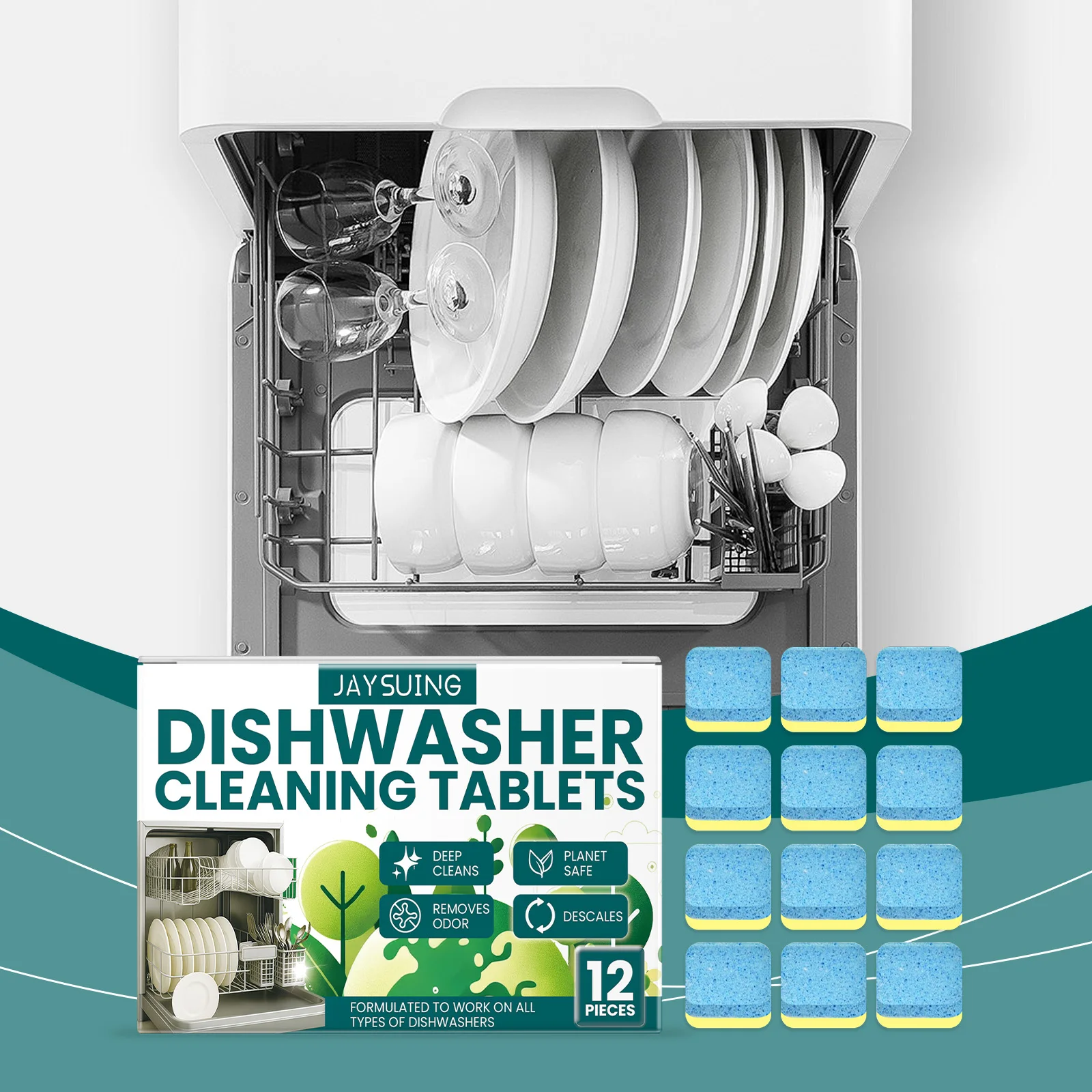 Jaysuing Dishwasher Cleaning Tablets, Gentle Stain Removal Scale Household Kitchen Dishwasher Cleaning Tablets - Image 5