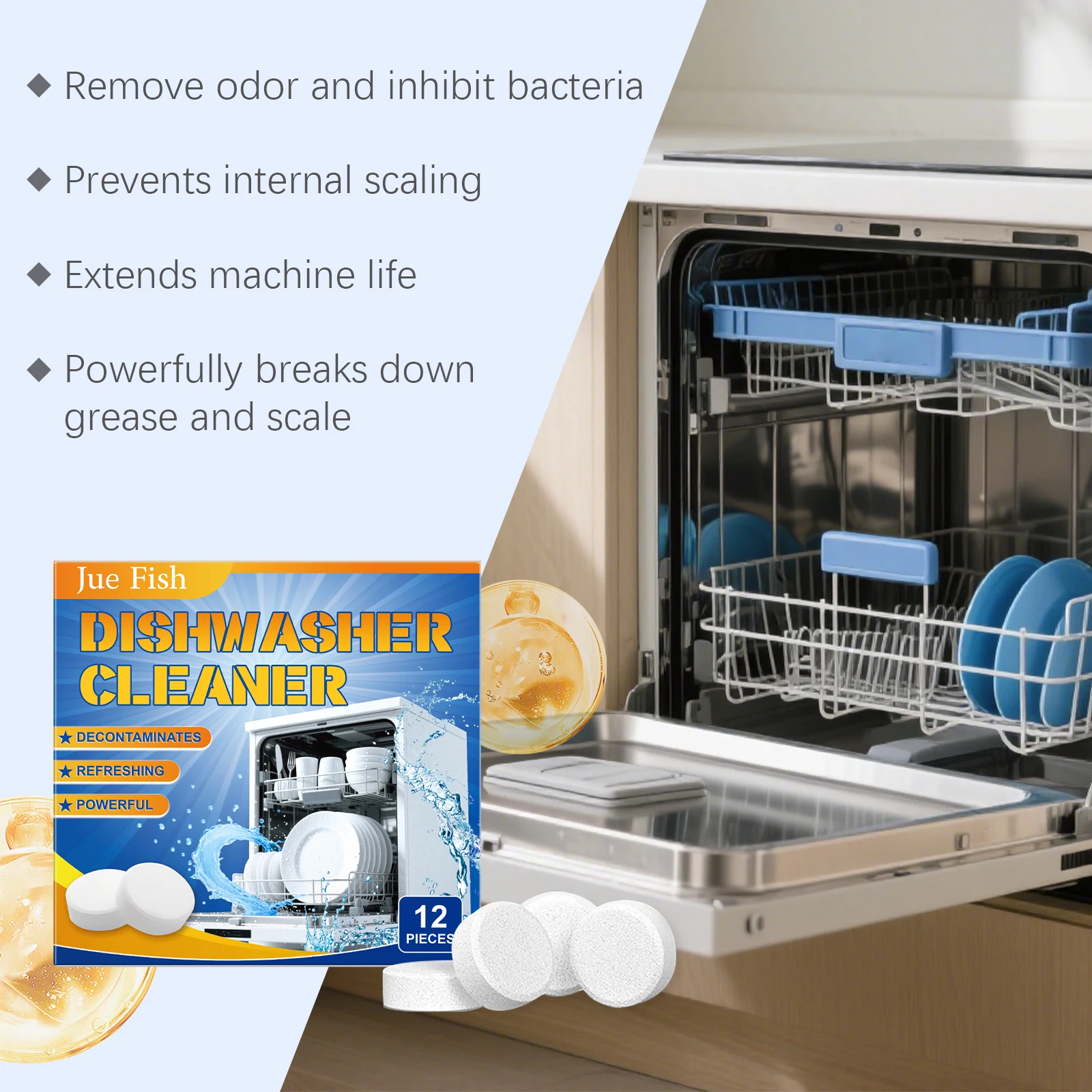 Jue Fish 12Pcs Dishwasher Cleaner Tablets - Powerful Degreasing Anti-Limescale - Household Dishwashing Tablets for Clean Dishes - Image 2