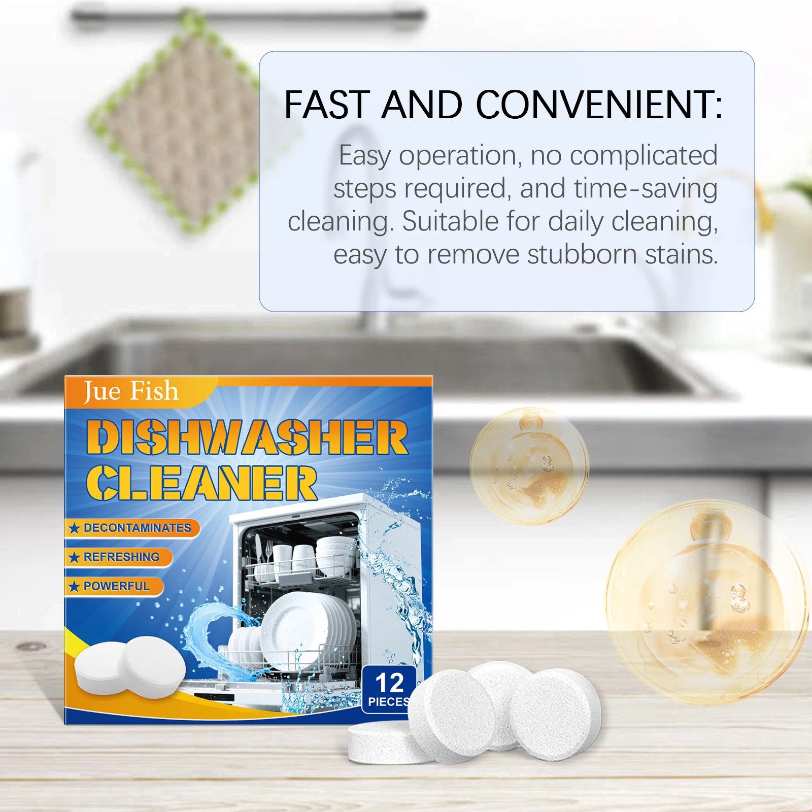 Jue Fish 12Pcs Dishwasher Cleaner Tablets - Powerful Degreasing Anti-Limescale - Household Dishwashing Tablets for Clean Dishes - Image 4