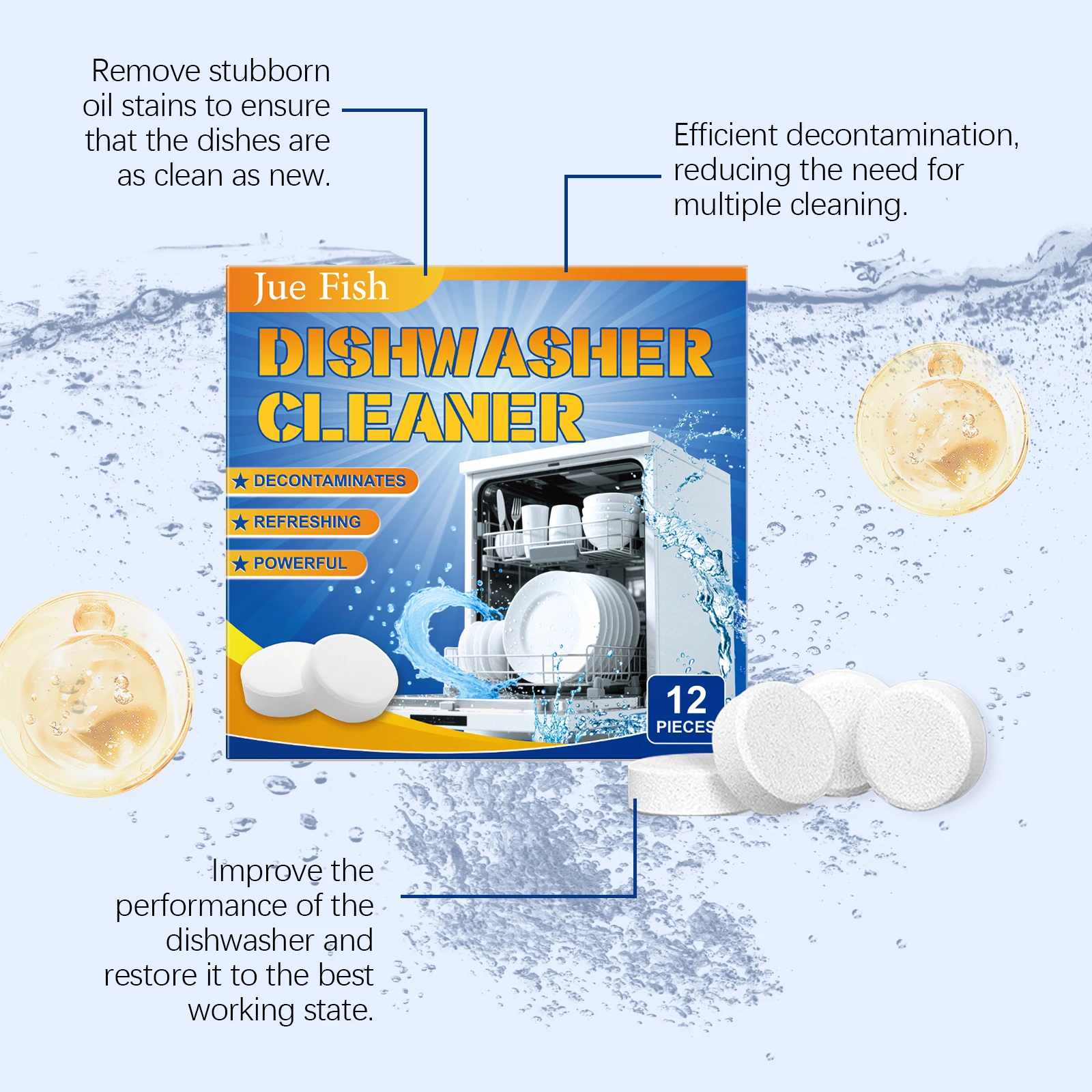 Jue Fish 12Pcs Dishwasher Cleaner Tablets - Powerful Degreasing Anti-Limescale - Household Dishwashing Tablets for Clean Dishes - Image 3