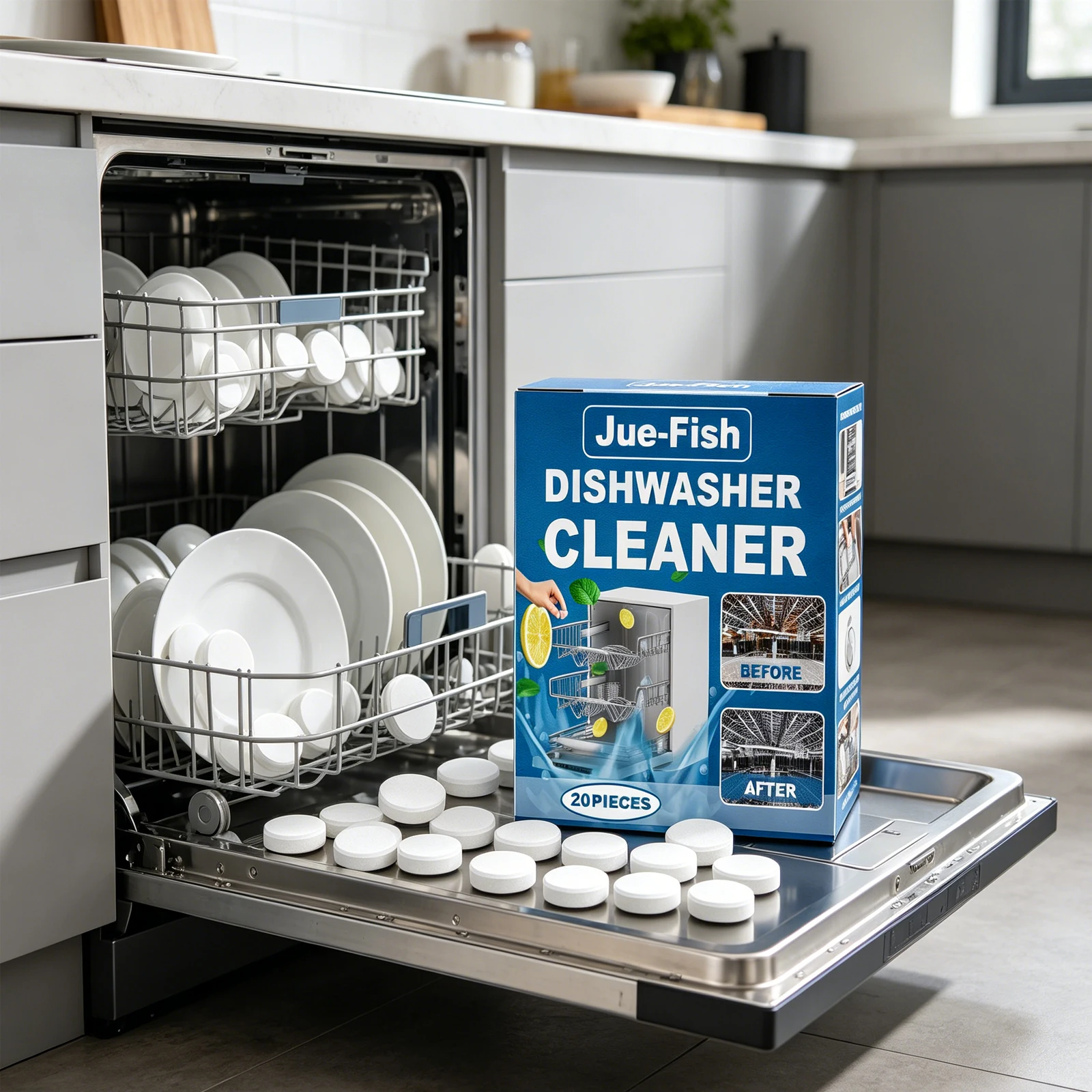Jue Fish Dishwasher Cleaner Tablets Stain And Oil Removal Tablets For Built In Dishwasher Kitchen Appliance Care