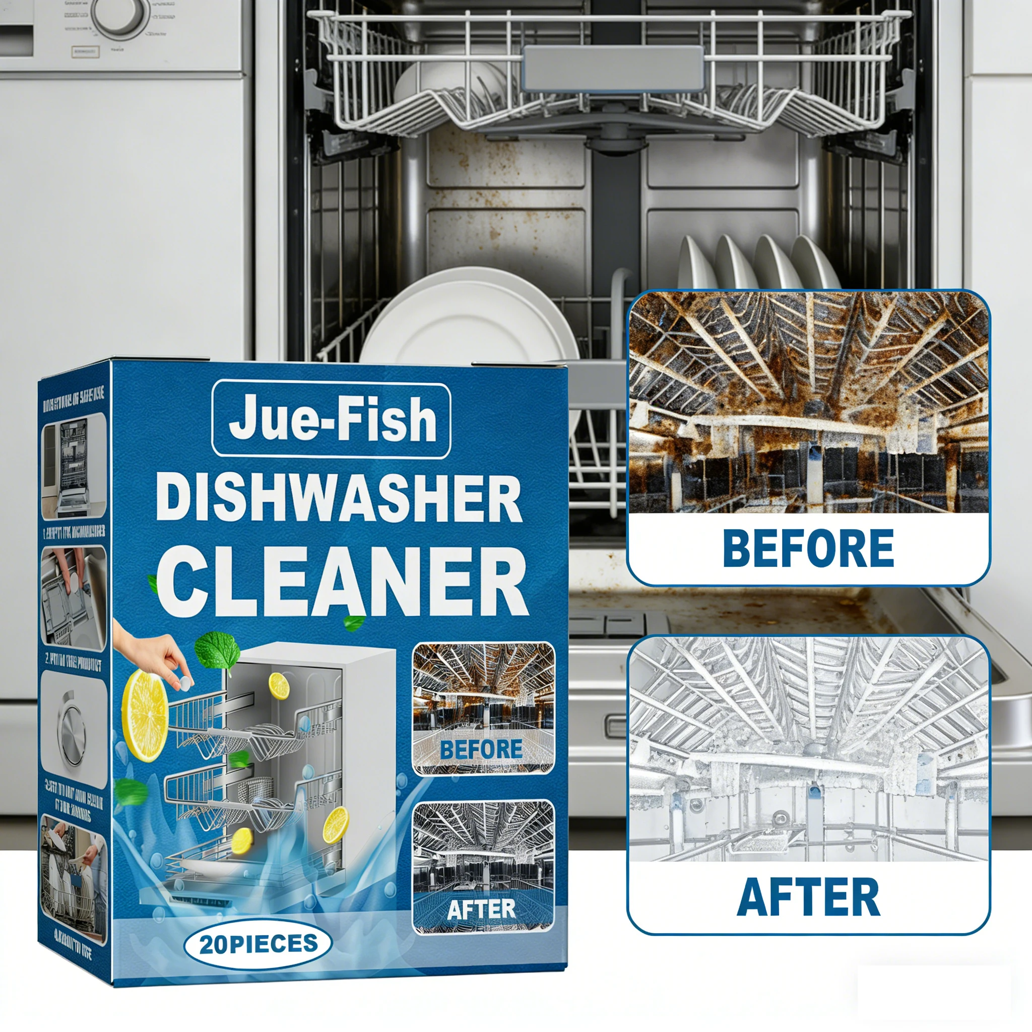Jue-fish Dishwasher Cleaning Tablets Powerful Degreasing Quick Stain Removal Descaling Eliminate Bad Odor for Kitchen Deep Clean
