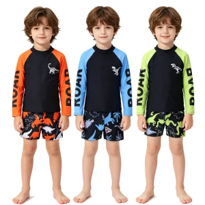 Kids Boys Dinosaur Print Swimsuit 2-Piece Swimsuit Rash Guard Set Long Sleeve Quick Dry Swimwear Bathing Suit for Toddler 2-10Yr