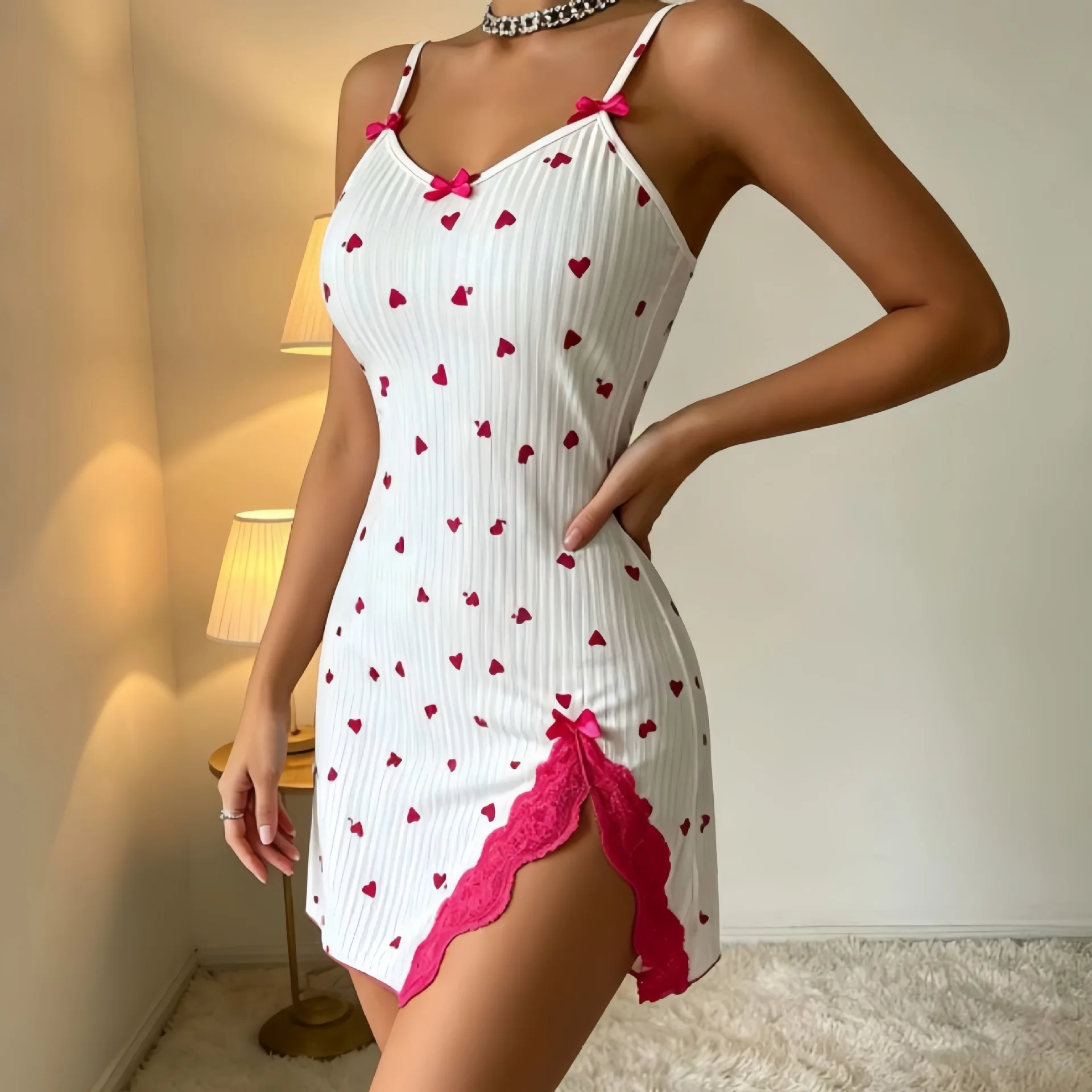 Lace Sexy Women's Pajamas Mini Heart Print Sleeveless Sleep Dress For Woman Home Clothes Sexy Lingerie Suspender Night Gown - Image 3