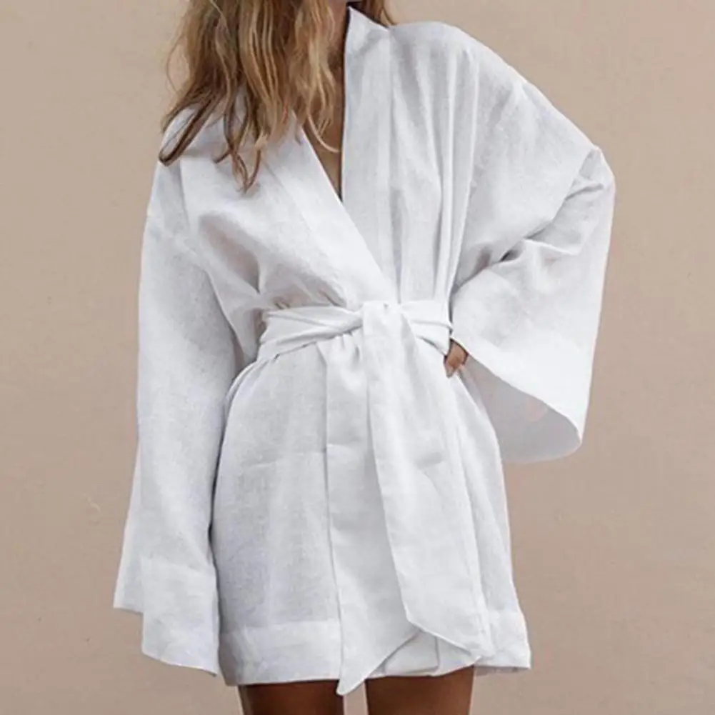 Long Sleeve V Neck Mini Dress Lace Up V Neck Belt Robe Style Short Shirt Dress Comfy Soft Chic Loose Hem Cardigan Dress - Image 2