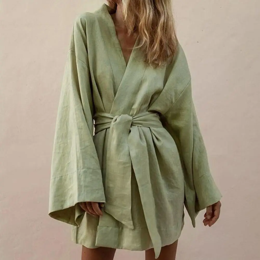 Long Sleeve V Neck Mini Dress Lace Up V Neck Belt Robe Style Short Shirt Dress Comfy Soft Chic Loose Hem Cardigan Dress - Image 3