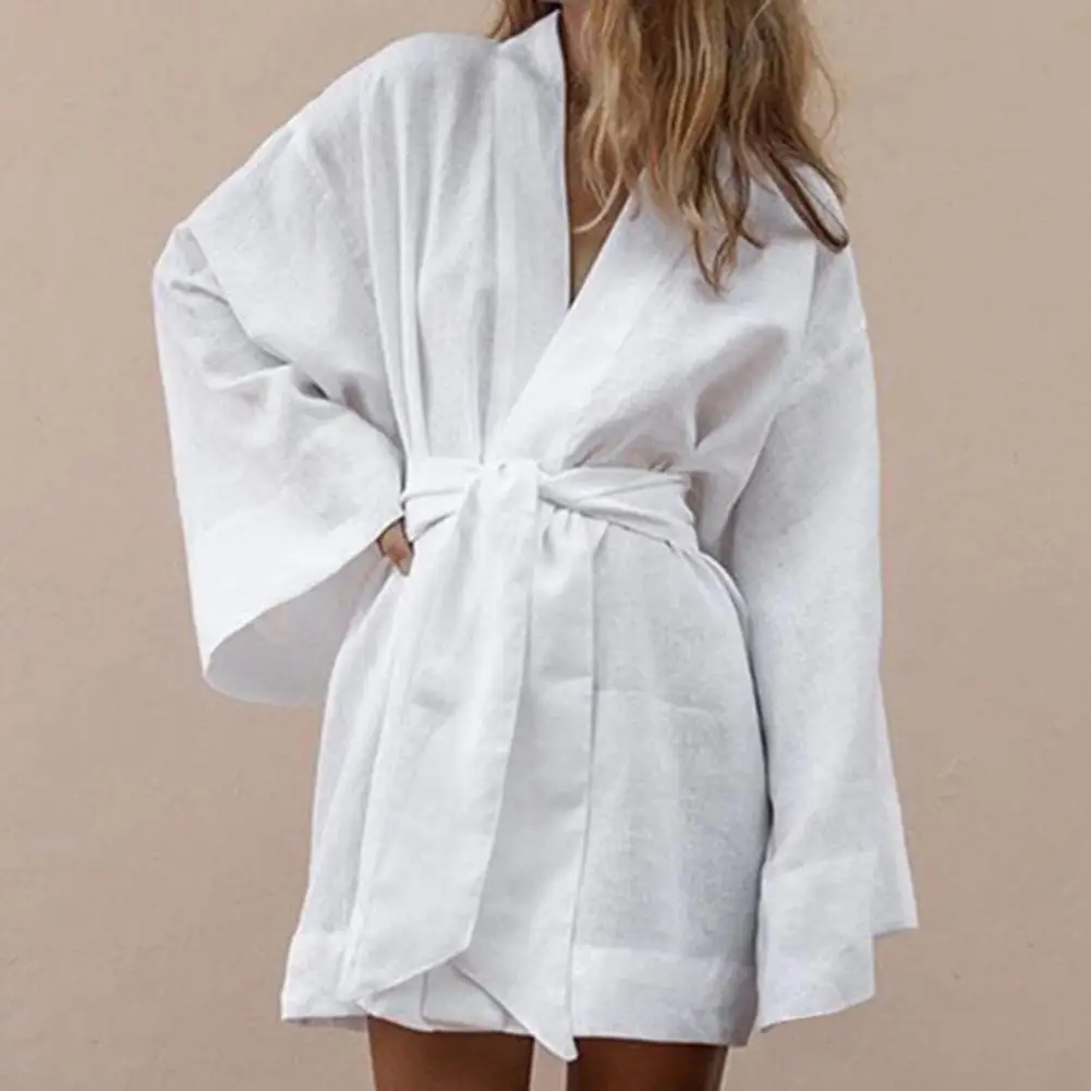 Long Sleeve V Neck Mini Dress Lace Up V Neck Belt Robe Style Short Shirt Dress Comfy Soft Chic Loose Hem Cardigan Dress - Image 4
