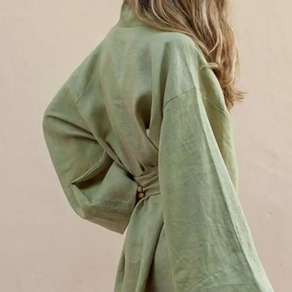 Long Sleeve V Neck Mini Dress Lace Up V Neck Belt Robe Style Short Shirt Dress Comfy Soft Chic Loose Hem Cardigan Dress - Image 5
