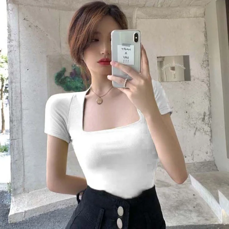 Low Cut Korean Fashion T-shirts Women Sexy Y2K Kpop Crop Tops Vintage Retro Slim Tees Shirts Blue Cheap Clothes Woman Tshirts - Image 2