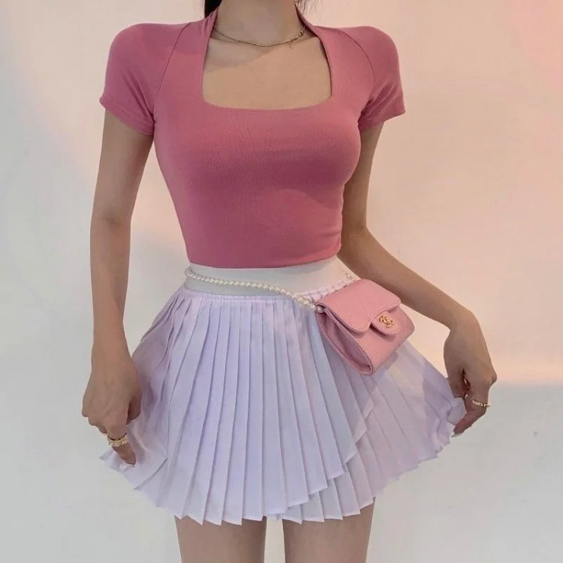 Low Cut Korean Fashion T-shirts Women Sexy Y2K Kpop Crop Tops Vintage Retro Slim Tees Shirts Blue Cheap Clothes Woman Tshirts - Image 4