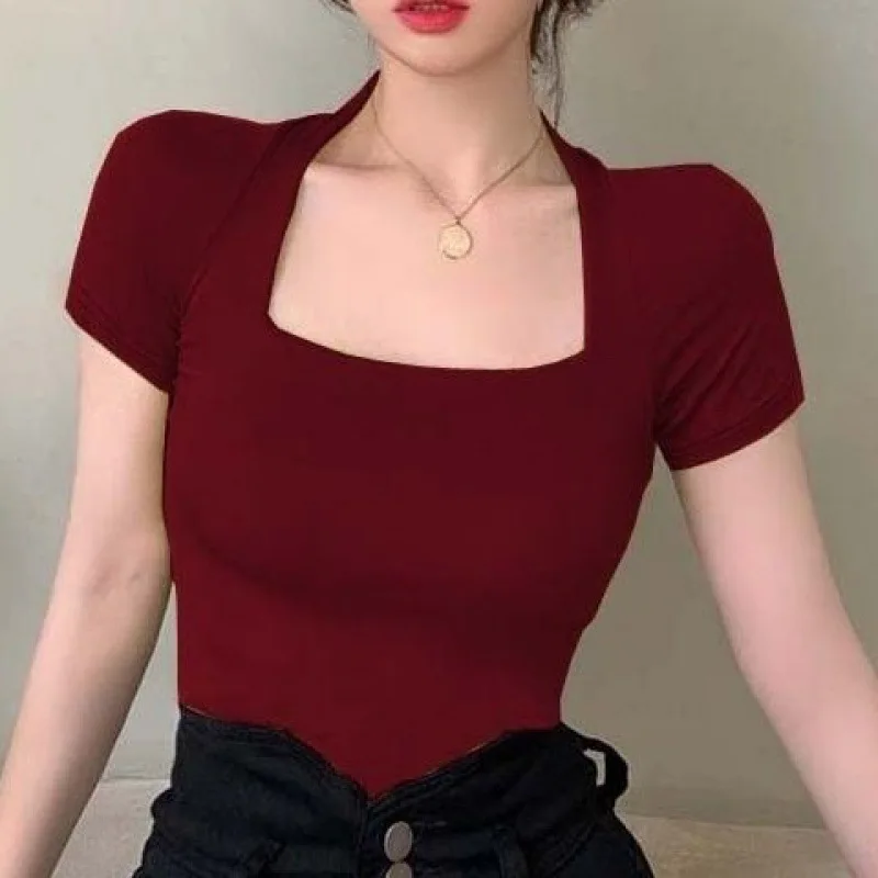 Low Cut Korean Fashion T-shirts Women Sexy Y2K Kpop Crop Tops Vintage Retro Slim Tees Shirts Blue Cheap Clothes Woman Tshirts - Image 6