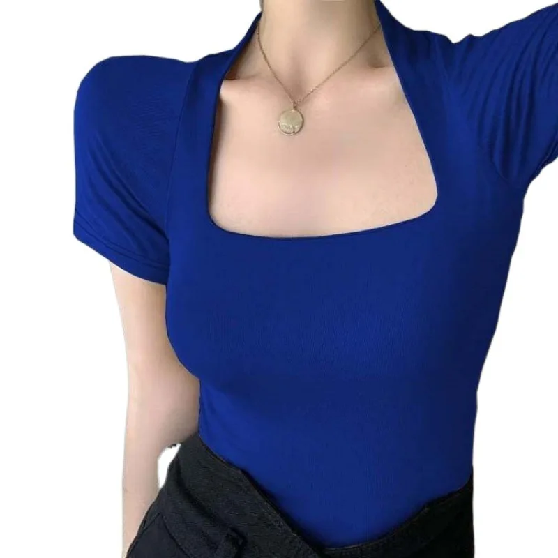 Low Cut Korean Fashion T-shirts Women Sexy Y2K Kpop Crop Tops Vintage Retro Slim Tees Shirts Blue Cheap Clothes Woman Tshirts - Image 3