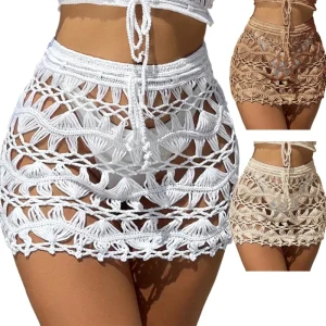 M6CC Women's Beach Cover Up Skirt with Crochet Pattern, Bodycon Mini Resort Coverup for Swimsuit Vacation and Summer Wear