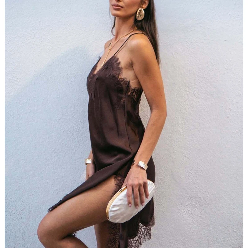 MUJER Lace Slip Mini Dress Women Satin Backless Summer Dress Woman Asymmetric Party Women's Dress Sexy Beach Dresses for Women - Image 2