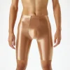 Men Glossy Ice Silk Fitness Shorts Skinny U Convex Gym Shorts Stretchy Protective Moisture Wicking Sexy Leggings Sport Shorts