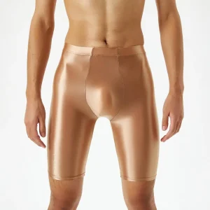 Men Glossy Ice Silk Fitness Shorts Skinny U Convex Gym Shorts Stretchy Protective Moisture Wicking Sexy Leggings Sport Shorts