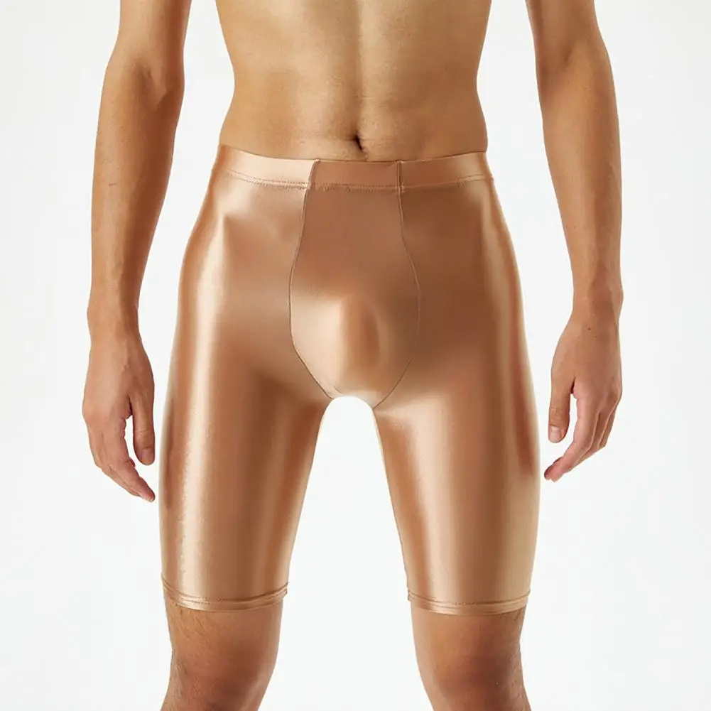 Men Glossy Ice Silk Fitness Shorts Skinny U Convex Gym Shorts Stretchy Protective Moisture Wicking Sexy Leggings Sport Shorts