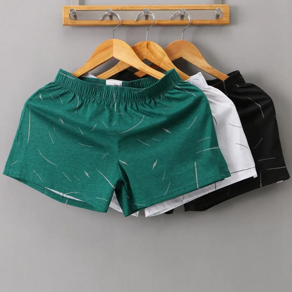 Men Homewear Shorts Boxers Elastic Waist Solid Color Soft Breathable Mid Waist Loose Underpants Sleep Bedroom Shorts
