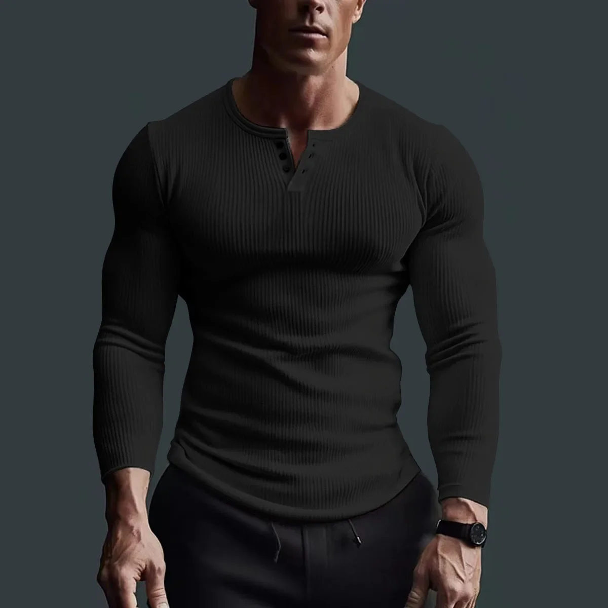 Men Tops T Shirts Full Sleeve V Neck Casual Regular Top Solid Button Splice Sheath Tees Simple Slim Fit Autumn Winter 2024 - Image 2