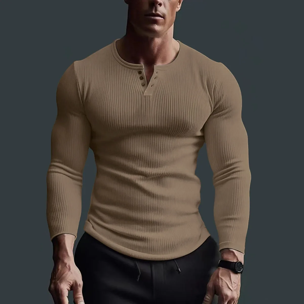 Men Tops T Shirts Full Sleeve V Neck Casual Regular Top Solid Button Splice Sheath Tees Simple Slim Fit Autumn Winter 2024 - Image 6