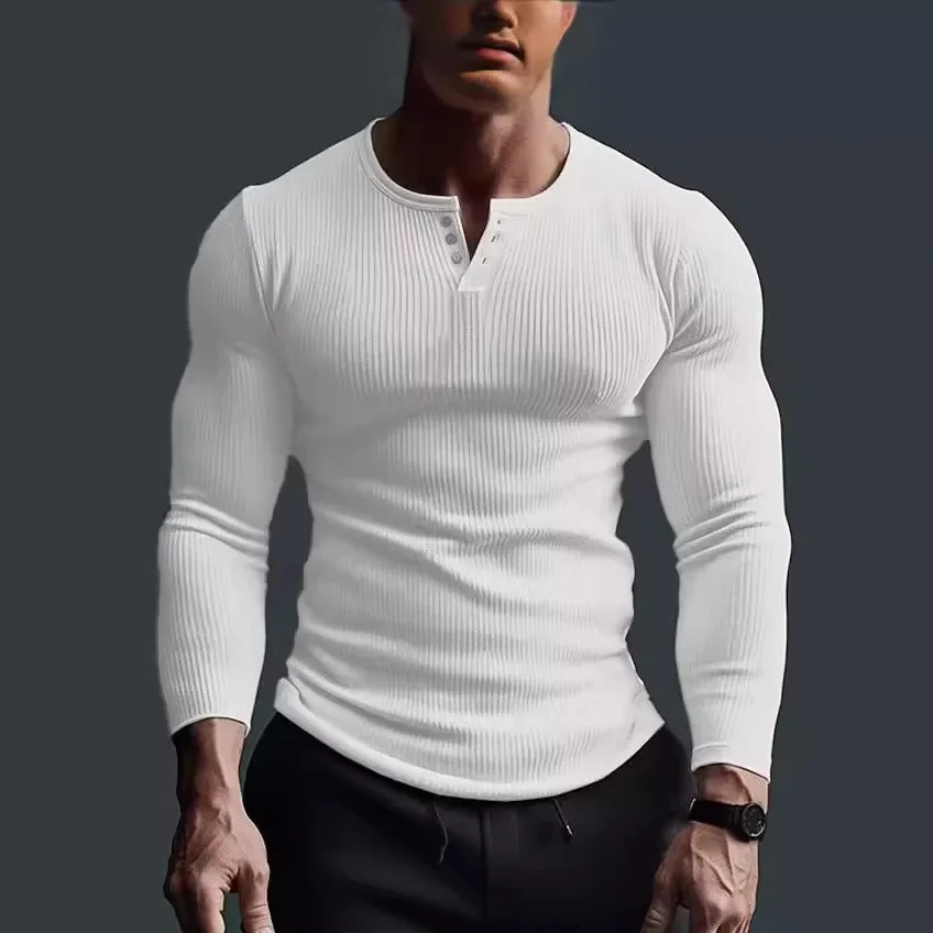 Men Tops T Shirts Full Sleeve V Neck Casual Regular Top Solid Button Splice Sheath Tees Simple Slim Fit Autumn Winter 2024 - Image 3