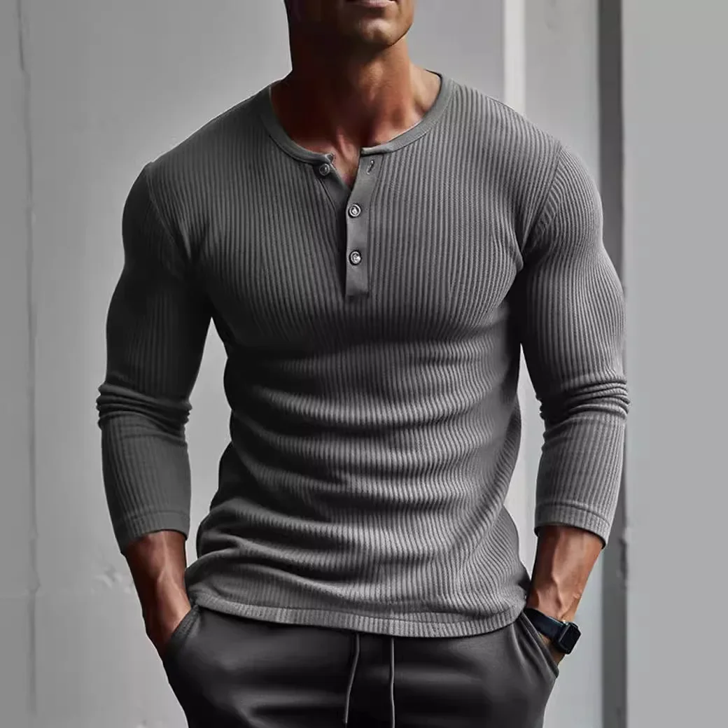 Men Tops T Shirts Full Sleeve V Neck Casual Regular Top Solid Button Splice Sheath Tees Simple Slim Fit Autumn Winter 2024 - Image 4