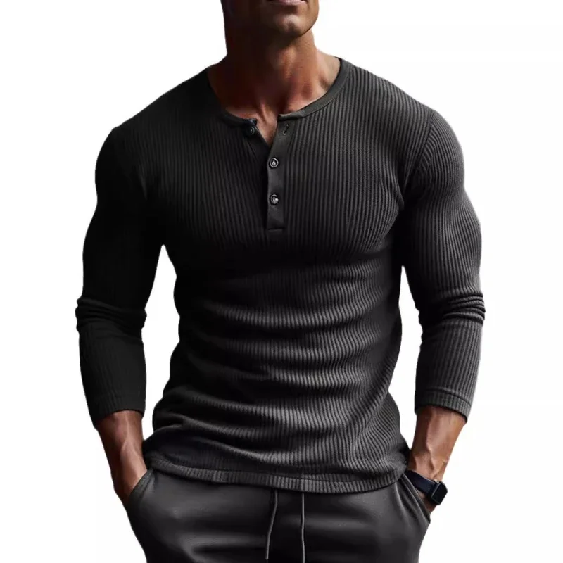 Men Tops T Shirts Full Sleeve V Neck Casual Regular Top Solid Button Splice Sheath Tees Simple Slim Fit Autumn Winter 2024 - Image 5