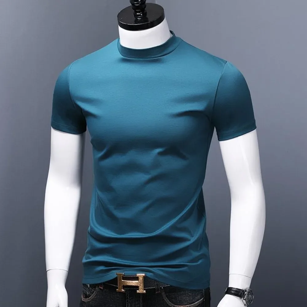 Men's Casual Turtleneck T-Shirts Short Sleeve Solid Slim Fit Silk High Neck Tops Inner Wear Trendy Round Neck Base Layer Shirt - Image 3