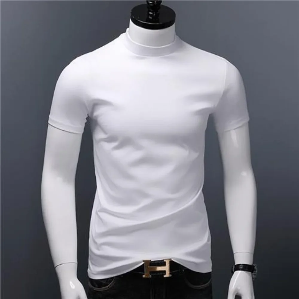 Men's Casual Turtleneck T-Shirts Short Sleeve Solid Slim Fit Silk High Neck Tops Inner Wear Trendy Round Neck Base Layer Shirt - Image 6