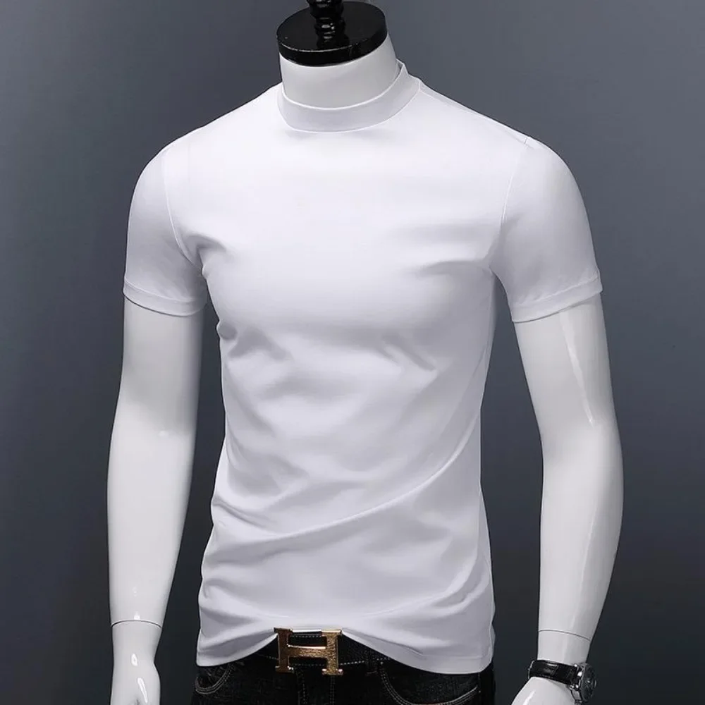 Men's Casual Turtleneck T-Shirts Short Sleeve Solid Slim Fit Silk High Neck Tops Inner Wear Trendy Round Neck Base Layer Shirt - Image 2