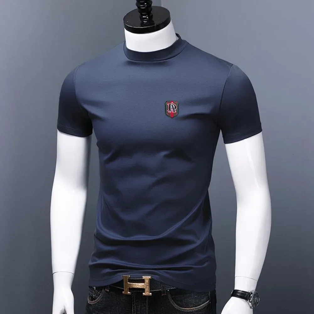 Men's Casual Turtleneck T-Shirts Short Sleeve Solid Slim Fit Silk High Neck Tops Inner Wear Trendy Round Neck Base Layer Shirt - Image 4