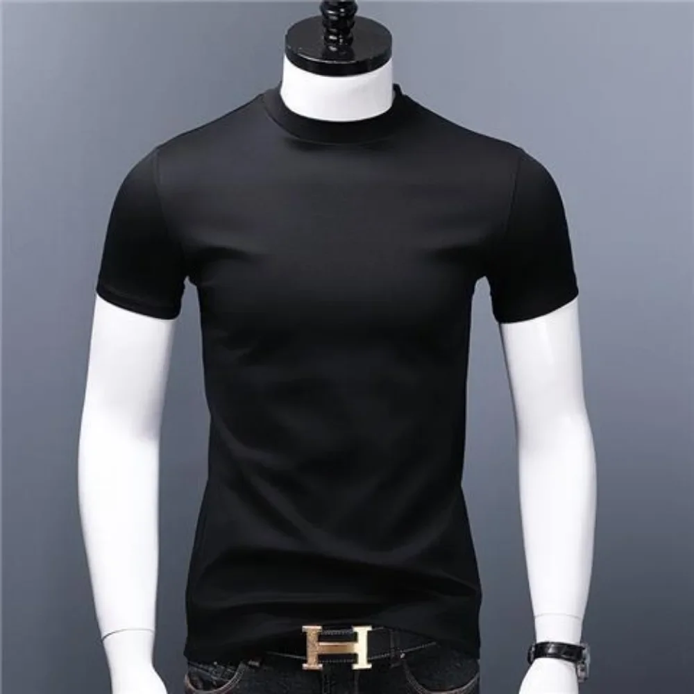Men's Casual Turtleneck T-Shirts Short Sleeve Solid Slim Fit Silk High Neck Tops Inner Wear Trendy Round Neck Base Layer Shirt - Image 5