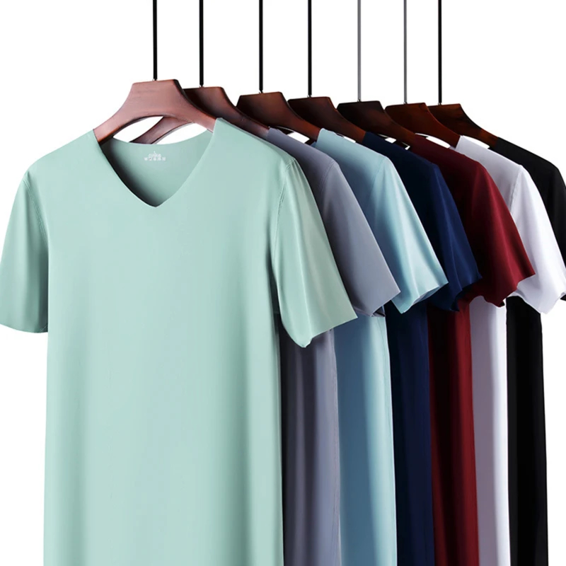 Men's Skinny Shirt Ice Silk Basic Shirts Solid Color Breathable Seamless T-shirt Men Thin Slim Bottoming V-Neck Shirt For Male - Image 2